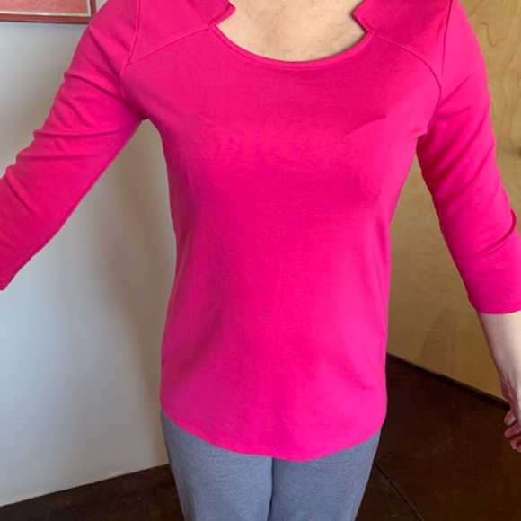 Halogen Bright Pink Top, 3/4 length sleeve with Spandex, cutout neckline. Small - Picture 2 of 3